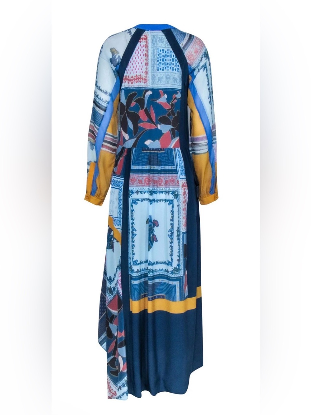 Runaway BCBG Max Azria Blue & Mustard Patchwork Print Maxi Dress